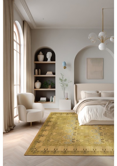 Mihrimah 501 Sarı Etnik Halı Vintage Halı Yıkanabilir İnce Dokuma Salon Ev Oturma Odası Halısı Sarı Mavi
