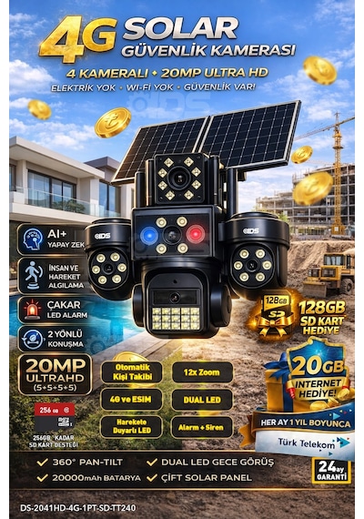 4 Lens 20mp Sim Kartlı Güneş Enerjili Güvenlik Kamerası 240gb İnternet Ve 128gb Sd Kart