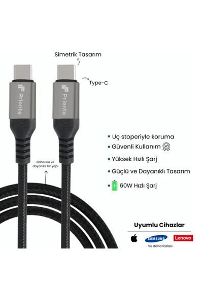 Priente Pd60cc 60w Örgülü Type-c To Type-c Hızlı Data/şarj Kablosu 1.5 Metre Priente Türkiye li