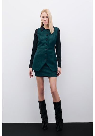 Sateen Düğmeli Uzun Süet Yelek - Zümrüt-135507 Zümrüt Zümrüt Yeşili