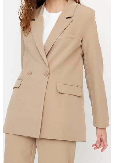 Ersefa Tarz Kadın Modern Moda Yüksek Bel Boru Paça Ceket Yaka Blazer Cek Vizon