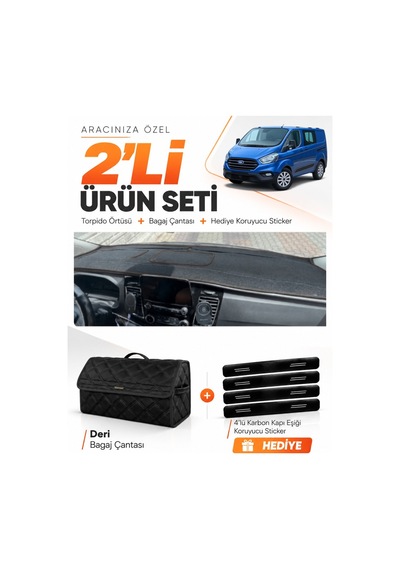Ford Transit Custom 2016-2024 Uyumlu Torpido Örtüsü + Deri Bagaj Çantası + Sticker Seti - Siyah