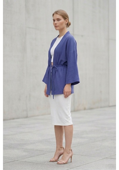 Kadın Mor Kimono Ceket Oversize Bağlamalı Salaş Yazlık Kimono Hırka
