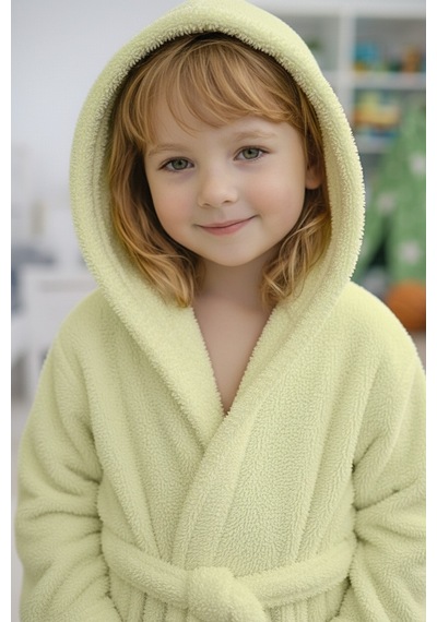 Luna Soft Kız / Erkek Çocuk Kapşonlu Pamuklu Bornoz Peluş Sabahlık 5/6 Yaş Su Yeşili