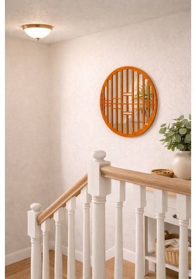 Oval Ayna Pleksi Duvar Dekoru Keçe Detaylı Modern Aynalı Tablo Turuncu Turuncu