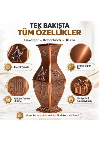 Türkiye Temalı Alaşım Metal Vazo 18 Cm Bronz Bakır Renk Kabartma Desenli Dekoratif Hediyelik Biblo
