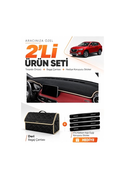Mg Hs 2018-2024 Uyumlu Torpido Örtüsü + Deri Bagaj Çantası + Sticker Seti - Siyah Bej