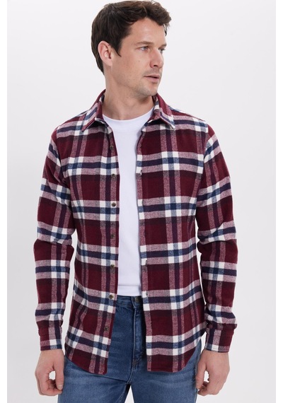 Tudors Erkek Slim Fit Dar Kesim Kareli Kışlık Oduncu Gömlek-42206 Bordo