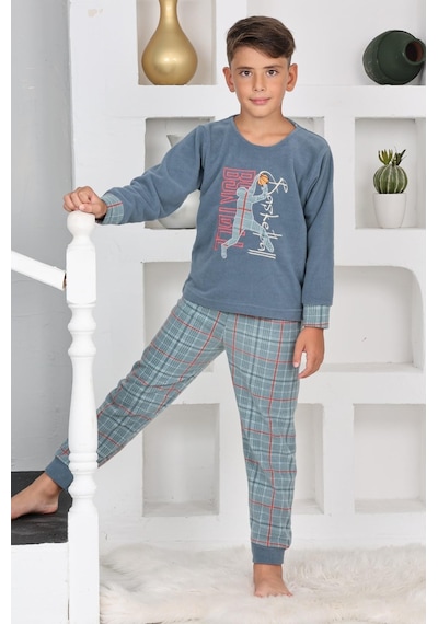 Yeni Sezon Sonbahar/kış Erkek Çocuk Basketball Desenli Polar Pijama Takımı 4530-petrol Mavisi Petrol Mavi