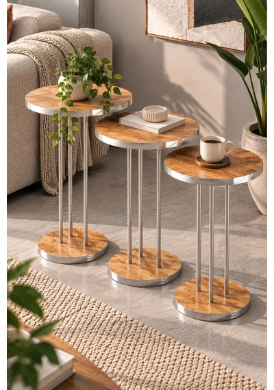 Sulorahome Ceviz Desenli Gümüş Metal Ayaklı 3'lü Zigon Sehpa Takımı