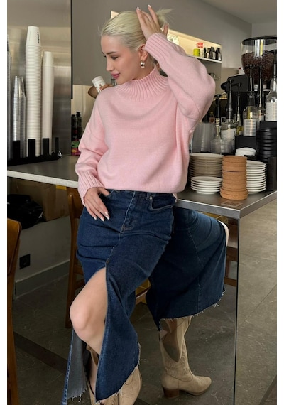 Madmext Pembe Boğazlı Kadın Triko Kazak Mg2535 Pembe