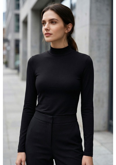 Tommy Life Siyah Balıkçı Yaka Basic Uzun Kollu Kadın Body - 97306