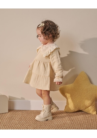 Magu Kız Bebek Pamuklu Bej Fisto Yaka Elbise Uzun Kollu, Katlı Model