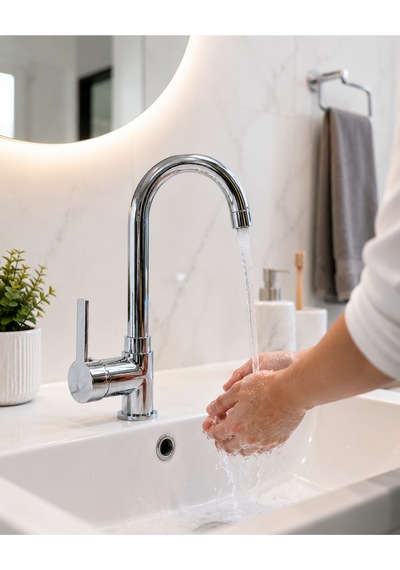 Krom Lüx Gövde Premium Banyo Lavabo Bataryası Çift Su Girişli Batarya