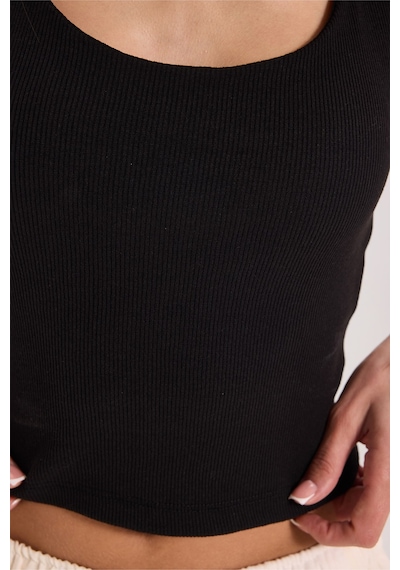 Tudors Kadın Slim Fit Dar Kesim Pamuklu Halter Yaka Kaşkorse Siyah Crop-50709