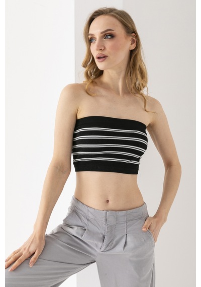 Giysa Kadın Straplez Çizgili Crop Siyah Beyaz - Ms0000136 Siyah - Beyaz
