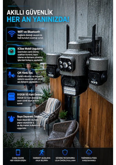 Viva Ics-331 3 Kameralı Akıllı Dış Mekan Ptz Wifi Güvenlik Kamerası 3mp Icsee Aı İnsan Takip Çift Yönlü Ses