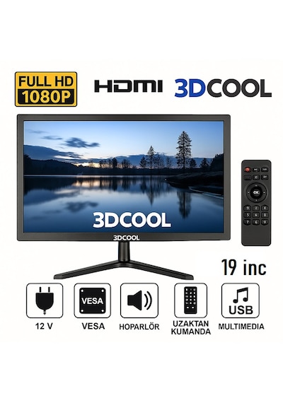 3dcool 3d-19lxae 19" Full Hd Hdmı Vga Usb Hoparlörlü Kumandalı 12v Led Monitör