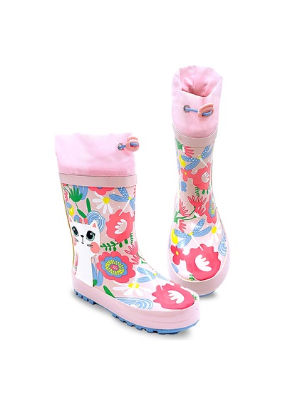 Denokids Kedi Çiçekli Kız Çocuk Pembe Yağmur Botu Renkli