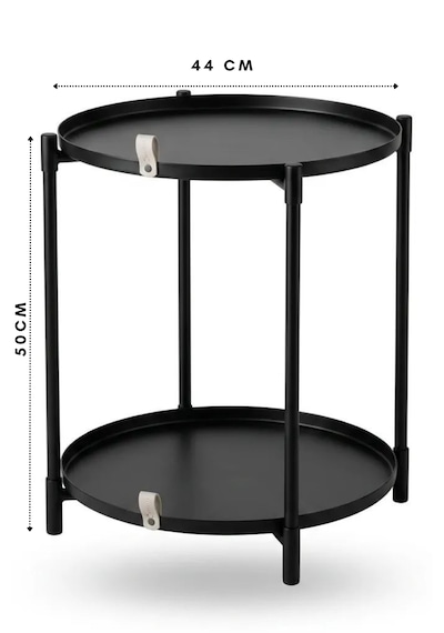Çift Tepsili Katlanır Orta Yan Yuvarlak Sehpa Metal Ayak - Modern Sehpa 50cm 44 Cm Tepsi Deri Kulplu Mat Siyah
