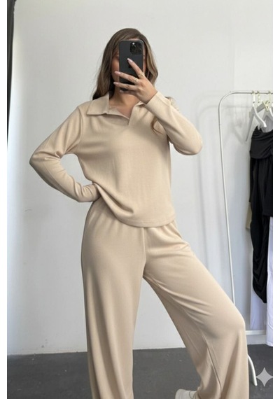 Balenbi Kadın Modal Kumaş Polo Yaka Uzun Kollu Takım 1126 Bej