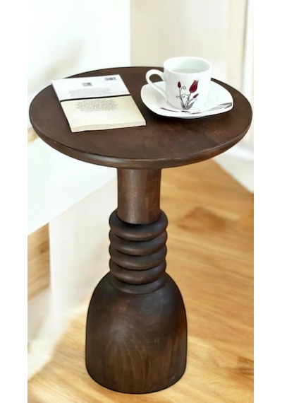 Wood Woodenahşap Tekli Mantar Yan Sehpa Modern Ceviz Renk 50cm Koyu Ceviz