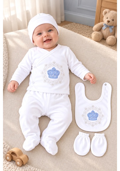 Sitilin Erkek Bebek Taşlı Süslü 5 Li Hastane Çıkışı Yenidoğan Set Stl6260 Beyaz
