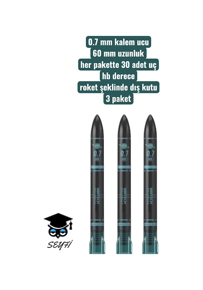 0.7 Mm Kalem Ucu 60 Mm Uzunluk Her Pakette 30 Adet Uç Hb Derece Roket Şeklinde Dış Kutu 3 Paket Çok Renkli