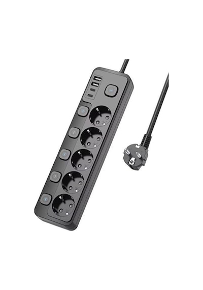 5 Priz + 4 Usb 2 Type-c Akım Korumalı Anahtarlı Uzatma Kablosu - 2 Metre - Enerji Tasarruflu Priz