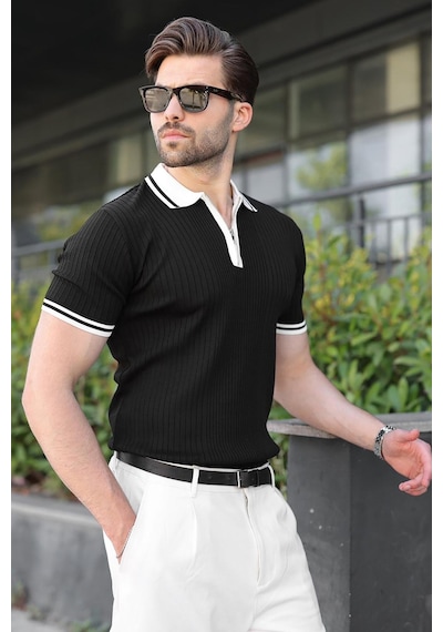 Madmext Siyah Yarım Fermuarlı Polo Yaka Triko Erkek Tişört E7501