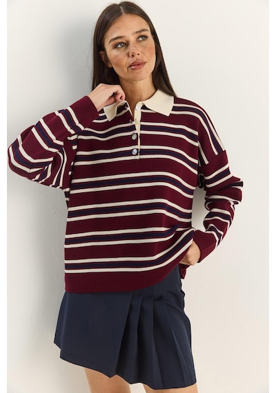 Shade Polo Yaka Çizgili Basic Triko Kazak 20258061 - Bordo