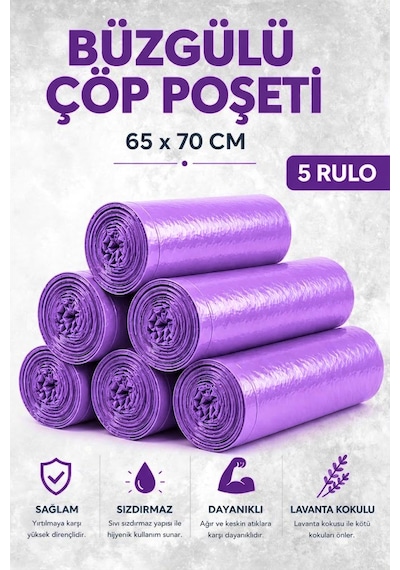 Büzgülü Çöp Poşeti Lavanta Kokulu 65 70 Cm Büyük Boy 5 Rulo Dayanıklı Sızdırmaz Kalın Çöp Torbası
