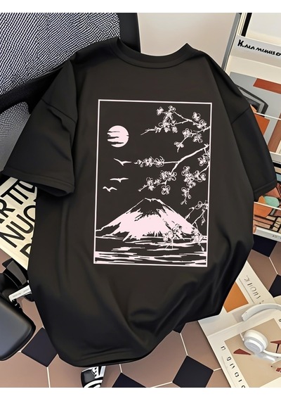 Uyguntarz Unisex Dağ Baskılı Tasarım Tshirt Siyah