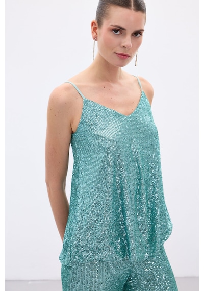 Sateen Payet Detaylı Askılı Bluz - Mint-136546 Mint