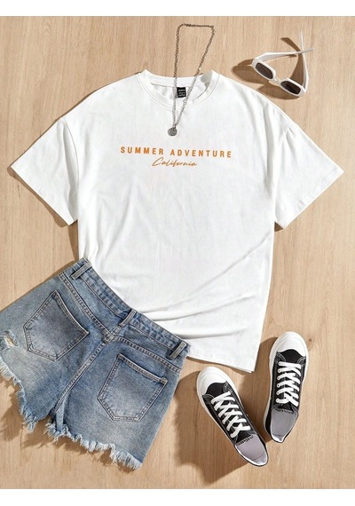Unisex Beyaz Oversize Summer Baskılı Örme T-shirt Beyaz