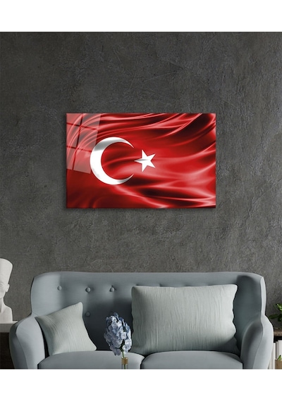 Kırmızı Dalgalı Türk Bayrağı Cam Tablo, Ev Ve Ofis Duvar Dekoru, Hediyelik Büyük Temperli Cam Tablo