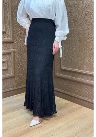 Neşeli Butik Kadın Siyah Dantel Kumaş Maxi Boy Tesettür Etek