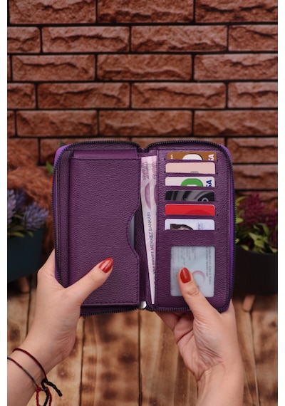 Özka Leather Mürdüm Telefon Bölmeli Unisex Deri Uzun Kartlık Cüzdan Portföy Siyah