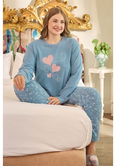 Remsa Büyük Beden Termal Kadın Uzun Kol Pijama Takımı 240686 Mavi01 Mavi01