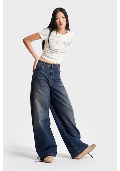 it's basic Kadın T.kot Rengi 2w5-8 Straight Palazzo Fit Paçası Bağcıklı Süper Bol Kesim %100 Koton Denim Jean