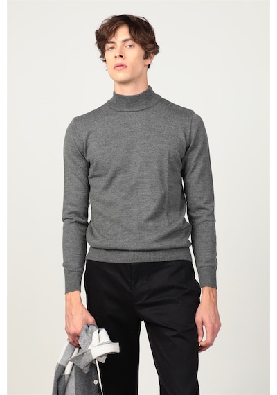 Tudors Slim Fit Dar Kesim Yarım Balıkçı Yaka Düz Erkek Kazak-12384 Gri