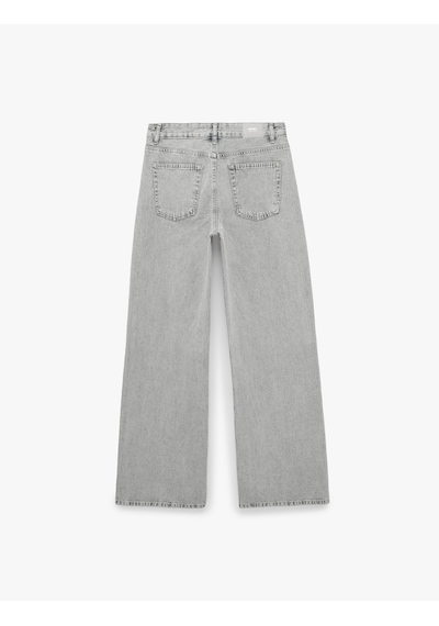 Koton Taş Detaylı Yıkamalı Normal Bel Pamuklu Geniş Paça Denim Pantolon - Wide Leg Jeans Gri 7wal40129md