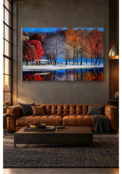 Fida Karla Örtülü Göl Kıyısında Kızıl Ağaçlar Canvas Tablo Çok Renkli