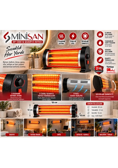 Minisan Dp 1200 Q 1200W 3 Camlı Quartz Elektrikli Isıtıcı