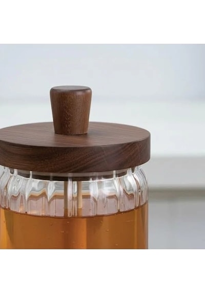 450 Ml Kapasiteye Sahip Ahşap Kapaklı Cam Bal Kavanozu Açık Kahverengi