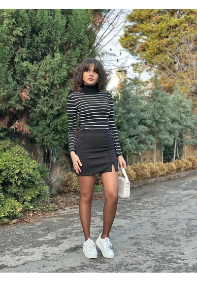 Saklımoda Kadın Çizgili Kaşkorse Kumaş Tam Balıkçı Bluz Siyah