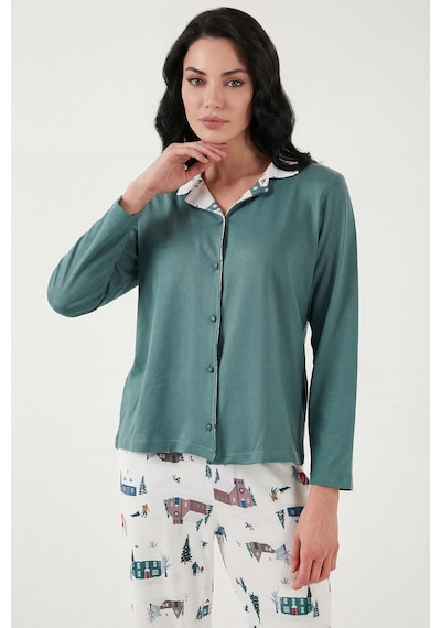 Lela Desenli Regular Fit Apaş Yaka Beli Lastikli Bol Paça Bayan Pijama Takımı 65714300 Yeşil