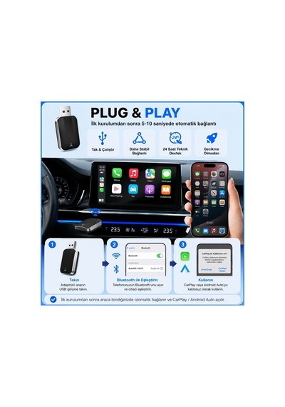 Kablosuz Carplay & Android Auto Mini 2'si 1 Arada Usb Dönüştürücü Type-c Otg Destekli