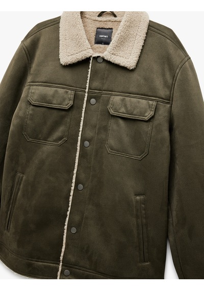 Koton Kapaklı Cepli Çıtçıt Düğme Detaylı Slim Fit İçi Peluş Yaka Suni Süet Ceket Haki 6wam20103hw