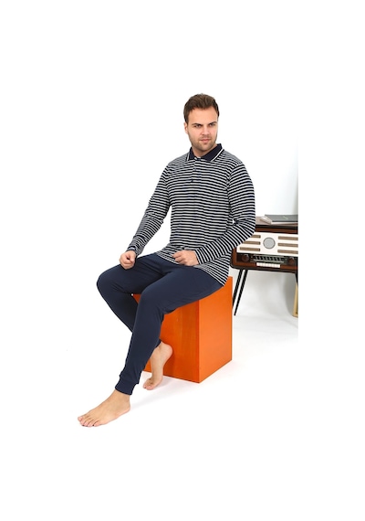 Akbeniz Erkek Polo Yaka Uzun Kol Penye Pijama Takımı Lacivert 6864 Lacivert